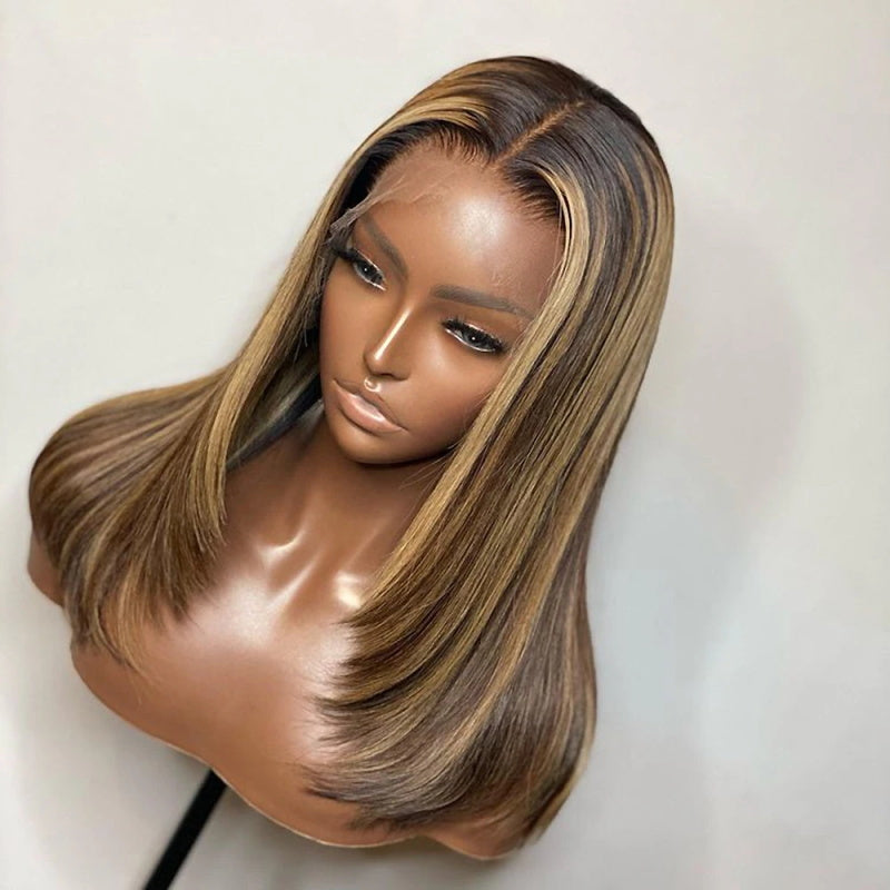 Pre Bleached Knots Straight Layered Cut 13x4 Lace Front Wig Ombre Highlight Straight Wig 180% Density