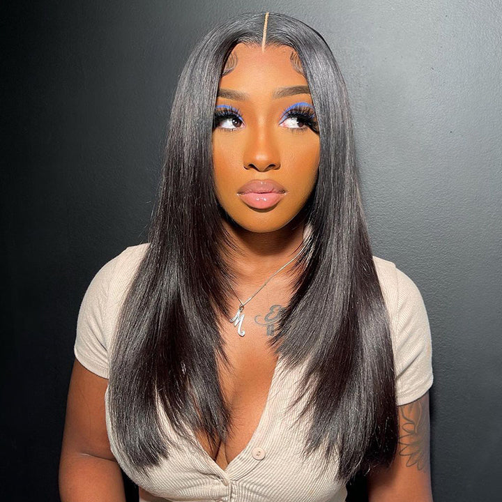 13x4 HD Straight Layered Wig Pre Plucked Natural Hairline Human Hair Wigs Yaki Straight with Layers Lace Front Wig