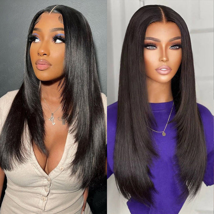 13x4 HD Straight Layered Wig Pre Plucked Natural Hairline Human Hair Wigs Yaki Straight with Layers Lace Front Wig