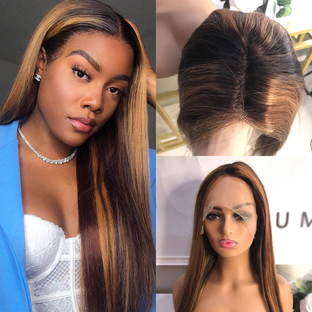 Long Straight Hair Honey Blonde Highlights T Part  Lace Front Wig Pre Plucked With Baby Hair 100% Virgin Humam Hair Wig-Geeta Hair