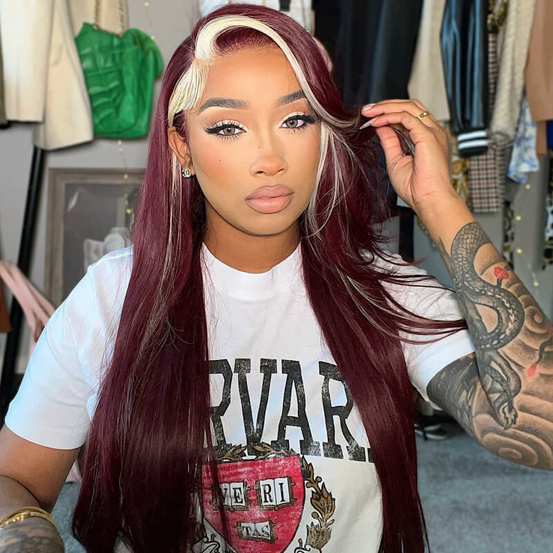 13x4 Lace Frontal Skunk Stripe Wig #613/99J Burgundy Color Highlight Body Wave/Straight Hair Lace Front Wigs-GeetaHair