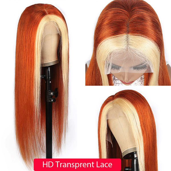 Tax Return Sale Ginger Color With #613 Blonde Streaks Skunk Stripe Wig Straight Hair Colored Wig Tranparent Lace Frontal 100% Virgin Human Hair Wig-Geeta Hair