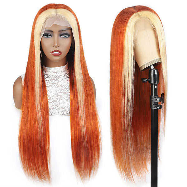 Ginger Color With #613 Blonde Streaks Skunk Stripe Wig Straight Hair Colored Wig Tranparent Lace Frontal 100% Virgin Human Hair Wig-Geeta Hair