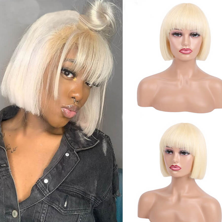 Natural Straight Hair 613 Blonde Bob Wig With Bangs 100% Human Hair Wig -Geeta Hair