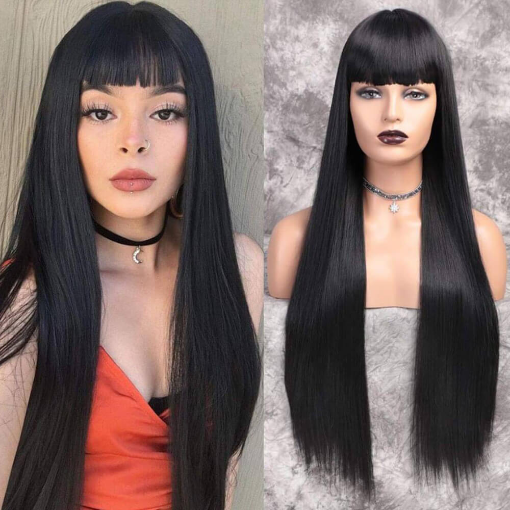 Long Straight Hair With Bangs Real Human Hair Wig Natural Black Hair Wig -Geeta Hair