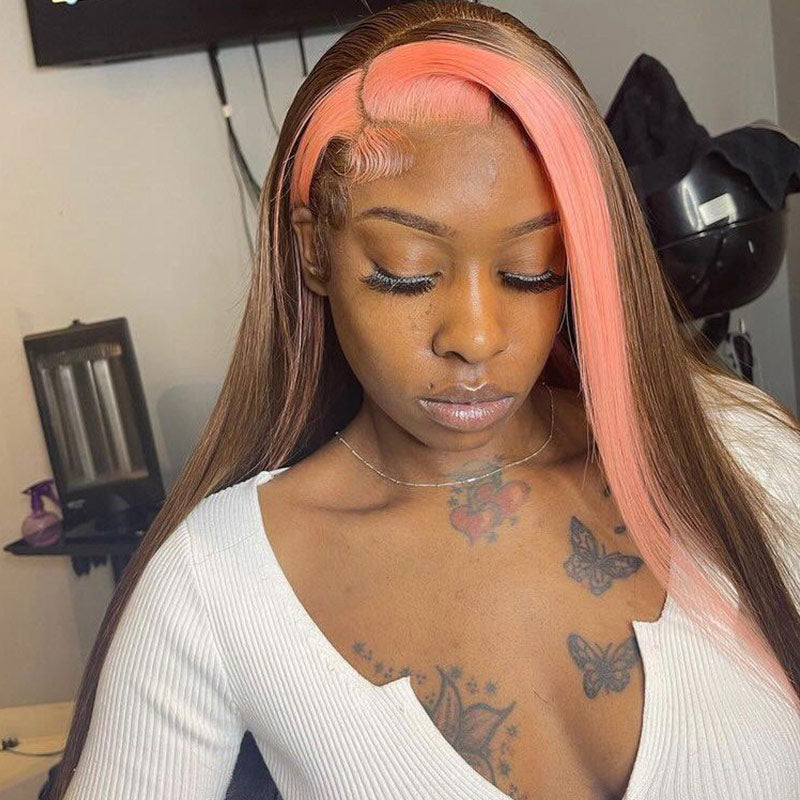 Skunk Stripe 13x4 Lace Front Wig #4 Chocolate Color With Pink Streaks Straight Hair HD Lace Wig 100% Human Hair With Free Part Lace Frontal-Geetahair