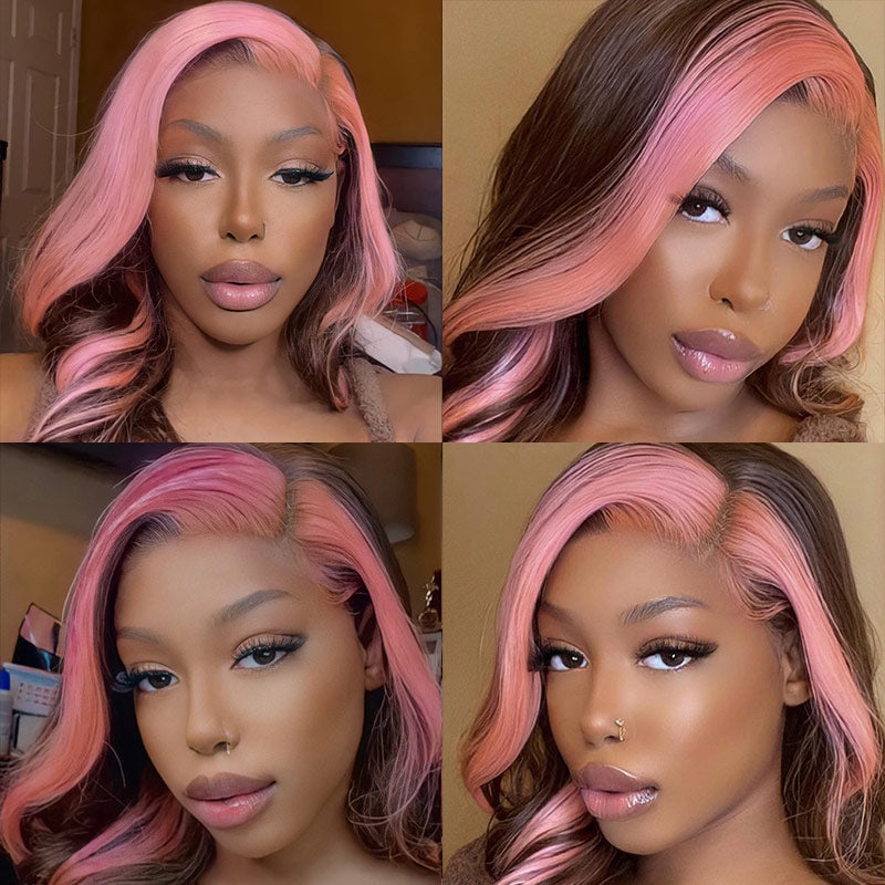 Skunk Stripe 13x4 Lace Front Wig #4 Chocolate Color With Pink Streaks Straight Hair HD Lace Wig 100% Human Hair With Free Part Lace Frontal-Geetahair