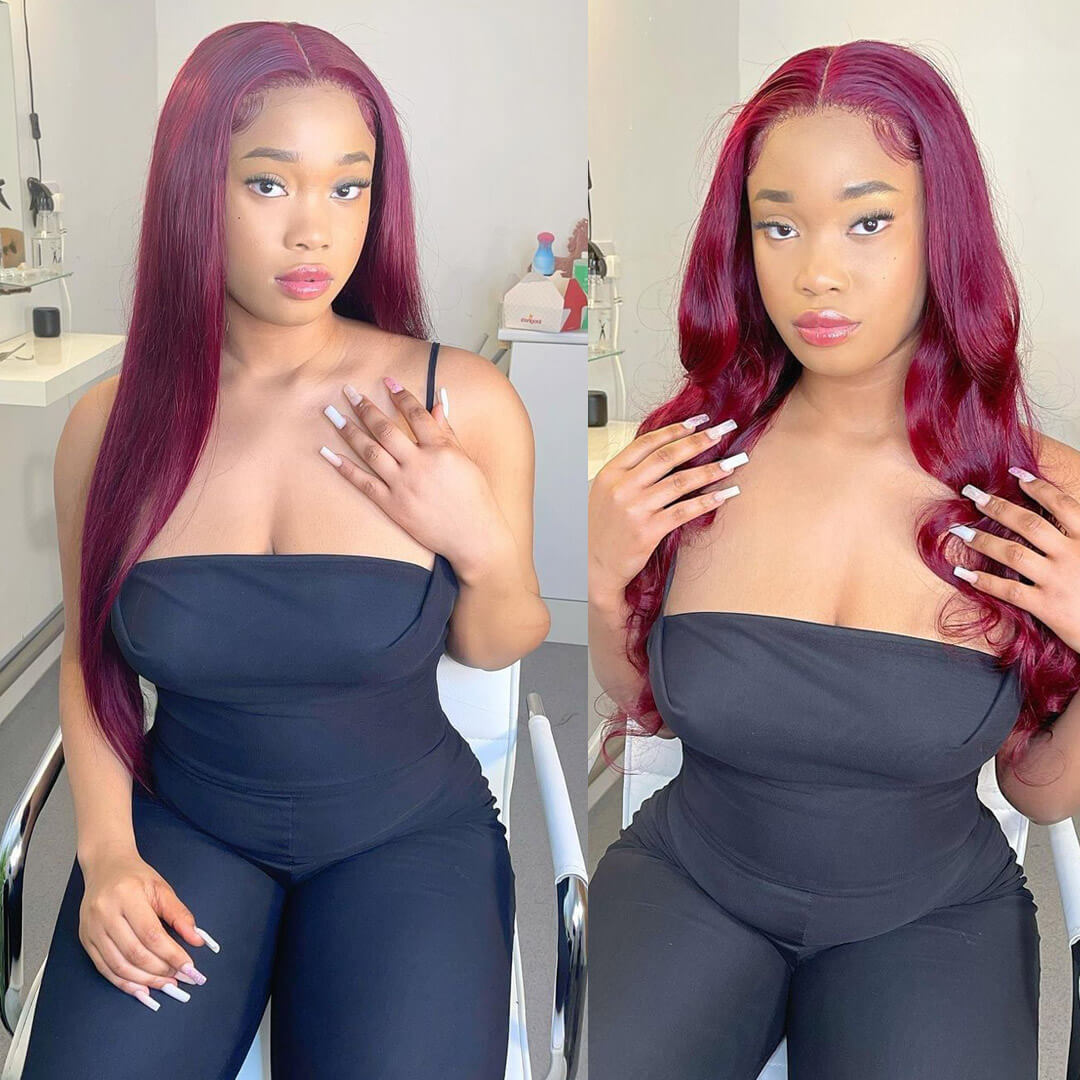 Long Straight Hair 99j Burgundy T Part Lace Front Wig Glueless Pre Plucked With Baby Hair 100% Virgin Human Hair Wig-Geeta Hair