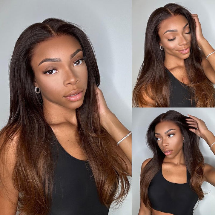 Pre Bleached Knots Wear and Go Straight Wigs 13x4 HD Lace Front Wig Human Hair Ombre Colored Wig 180% Density