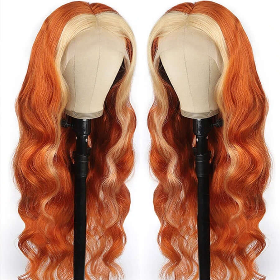 Skunk Stripe Body Wave 13x4/4x4 HD Transparent Lace Wig Ginger Orange Color With #613 Blonde Highlight Wig Colored Human Hair Wigs-Geeta Hair