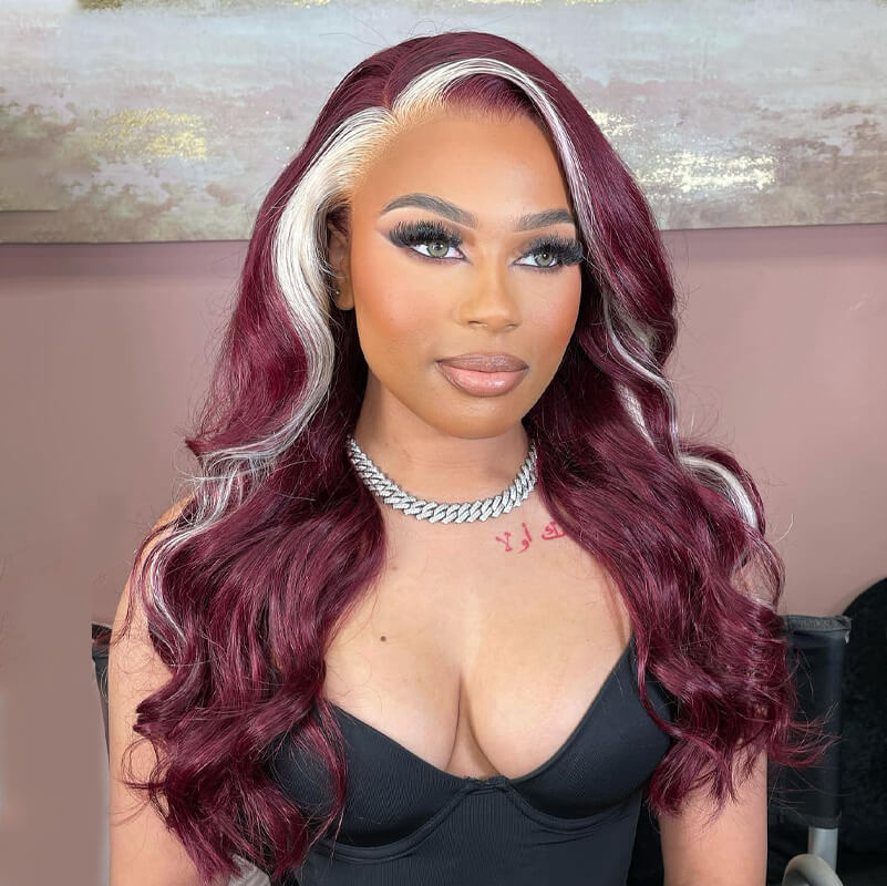 13x4 Lace Frontal Skunk Stripe Wig #613/99J Burgundy Color Highlight Body Wave/Straight Hair Lace Front Wigs-GeetaHair