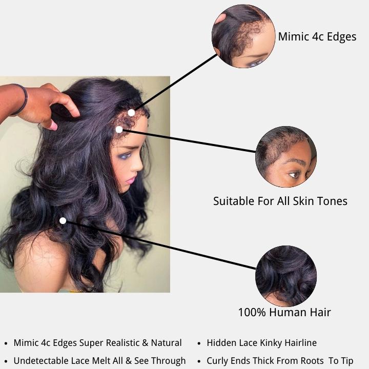 Type 4C Kinky Hairline Body Wave 13x4 Undetectable Lace Human Hair Wigs With Kinky Baby Hairline-Geeta Hair