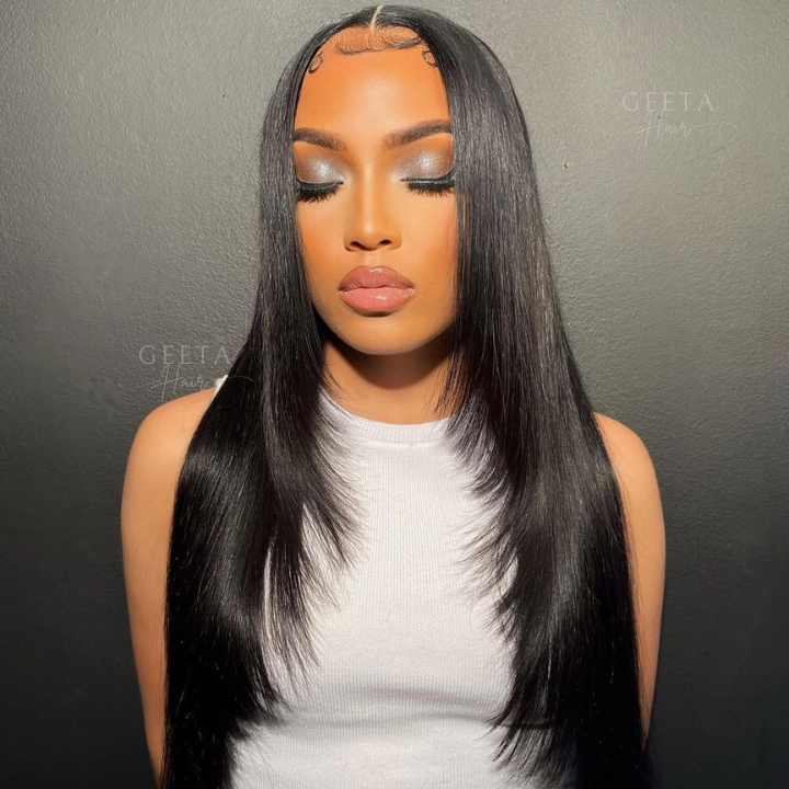 Geetahair Upgrade HD Lace Layered Straight Wig Crystal Clear Lace Human Hair Wigs With Pre Plucked Natural Hairline