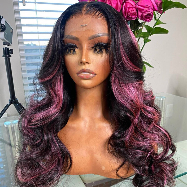 Highlight Purple Straight HD Transparent Lace Front Wig Highlights Pre Plucked Hairline Human Hair Wigs