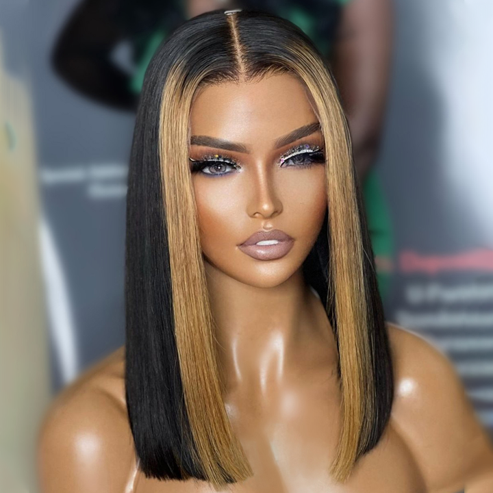 Geeta Skunk Stripe Bob Wig 13x4 Blond Highlight Straight Bob Lace Front Wigs Short Human Hair Bob Wigs