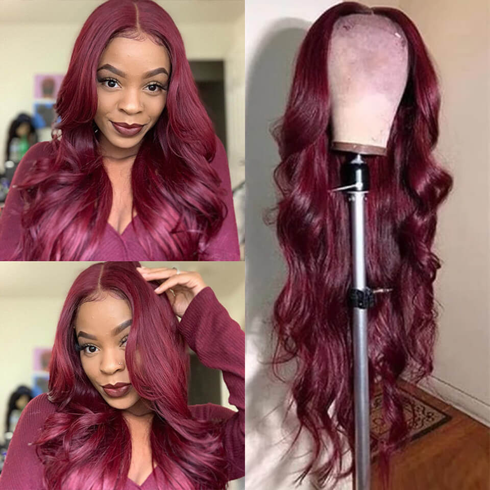 Body Wave Hair 99j Burgundy T Part Lace Front Wig 100% Virgin Real Human Hair Wig-Geeta Hair