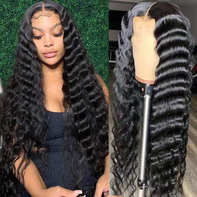 Loose Deep Wave Middle Part Lace Front Wig Natural Crimps Curls T Part Wig With Baby Hair-Geeta Hair