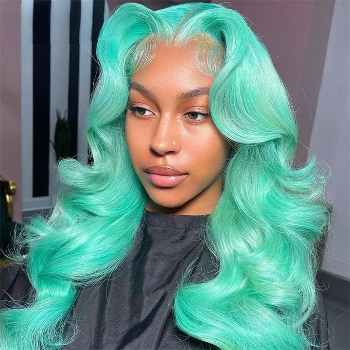 Mint Green Body Wave Lace Front Wig Colored Glueless HD Transparent Lace Human Hair Wigs-Geeta Hair