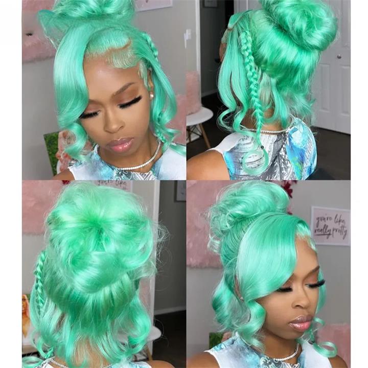 Mint Green Body Wave Lace Front Wig Colored Glueless HD Transparent Lace Human Hair Wigs-Geeta Hair