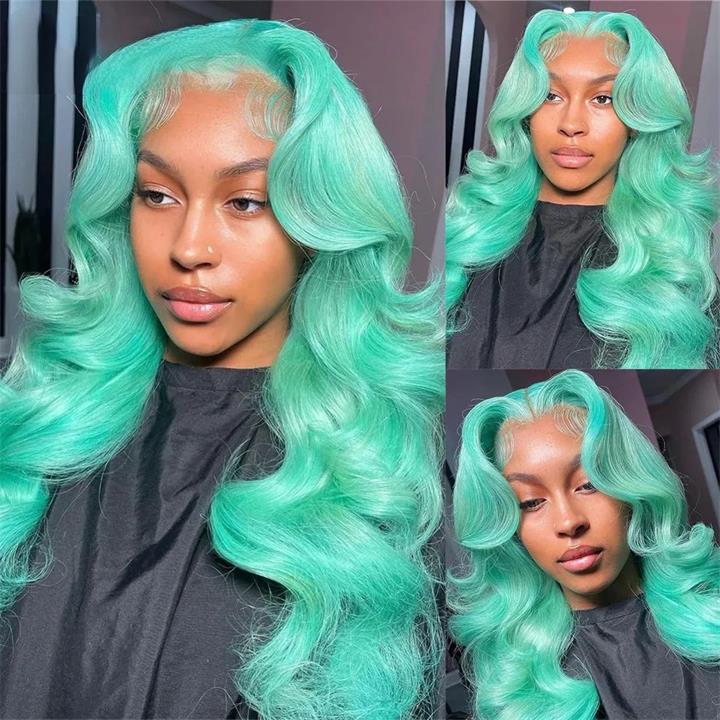 Mint Green Body Wave Lace Front Wig Colored Glueless HD Transparent Lace Human Hair Wigs-Geeta Hair