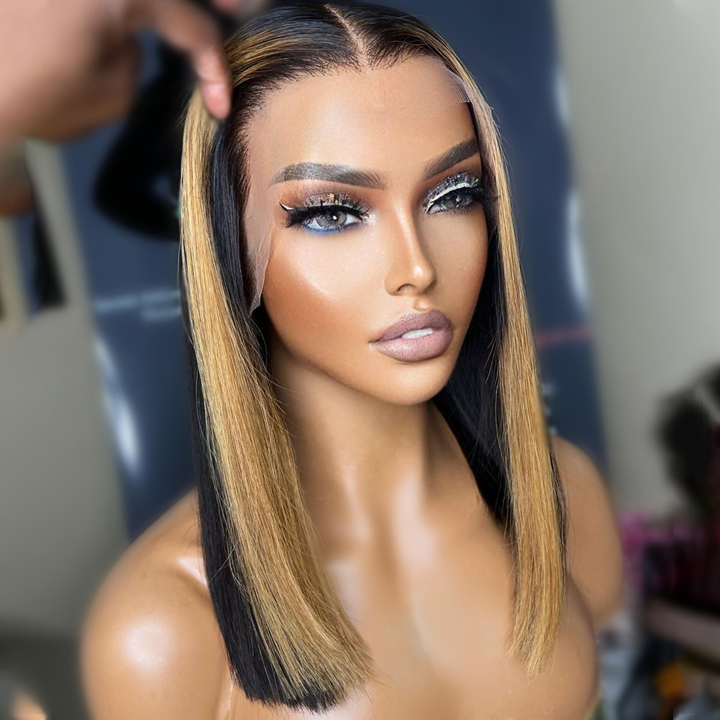 Geeta Skunk Stripe Bob Wig 13x4 Blond Highlight Straight Bob Lace Front Wigs Short Human Hair Bob Wigs