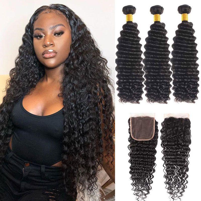 GeetaHair Deep Wave Hair 3 Bundles with 4x4 Lace Closure 100% Human Hair Extension Weaves