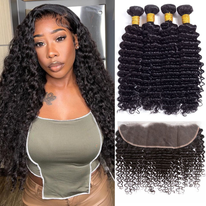 GeetaHair Deep Wave 4 Bundles with 13x4 Lace Frontal Virgin Human Hair Extensions