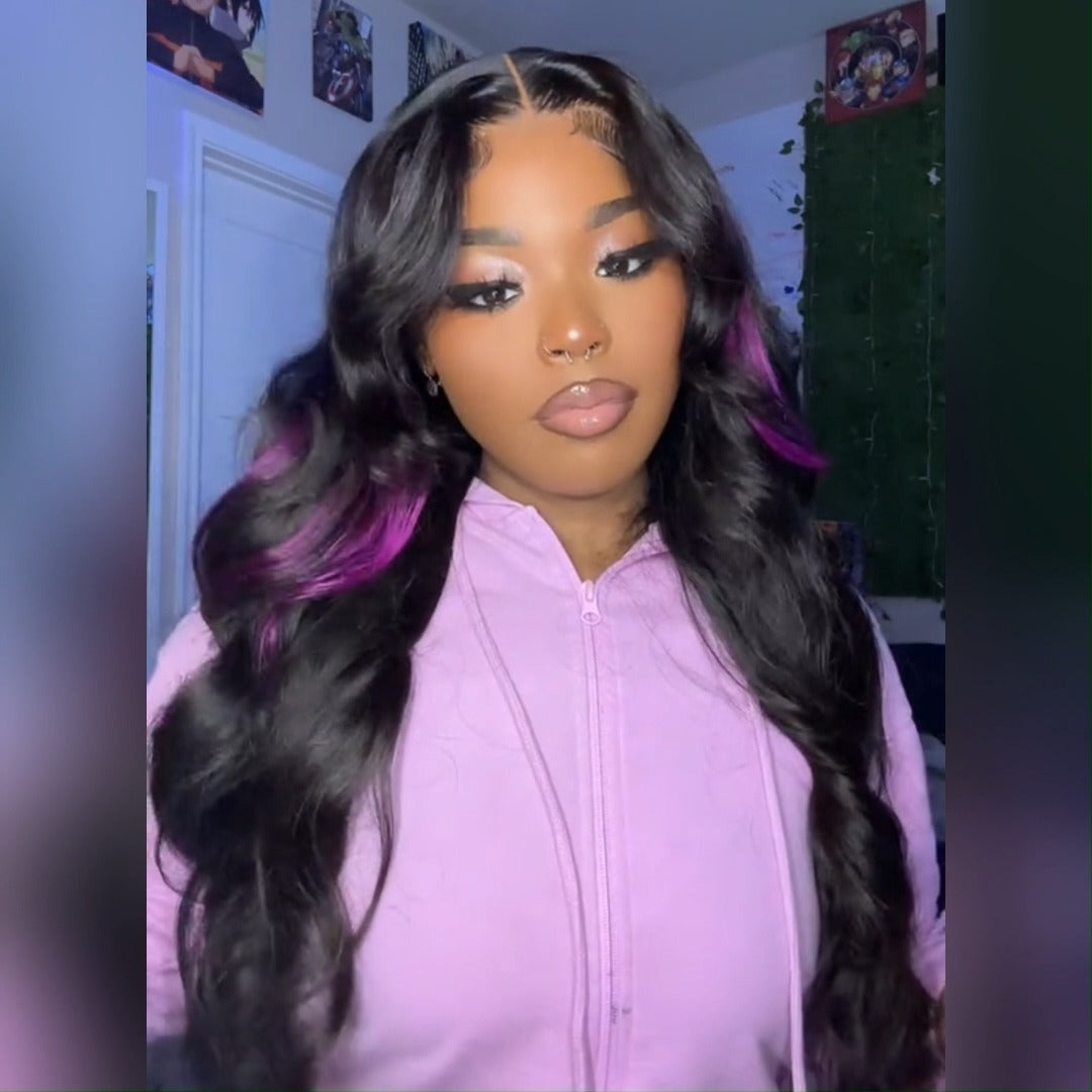 Skunk Stripe Hair Body Wave Lace Front Wig With Dark Purple Highlight HD Transparent Lace Human Hair Wigs