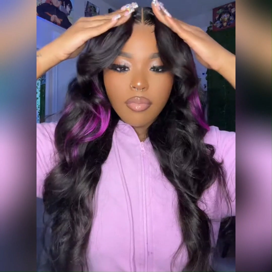 Skunk Stripe Hair Body Wave Lace Front Wig With Dark Purple Highlight HD Transparent Lace Human Hair Wigs