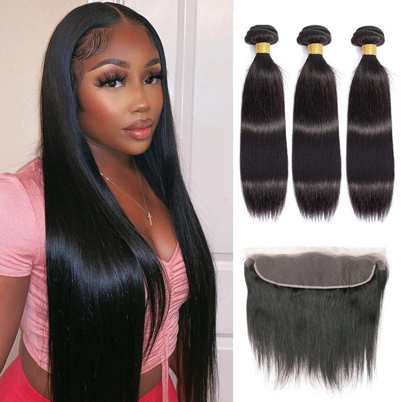 GeetaHair 3 Bundles Brazilian Straight Hair with 13x4 Ear to Ear Lace Frontal