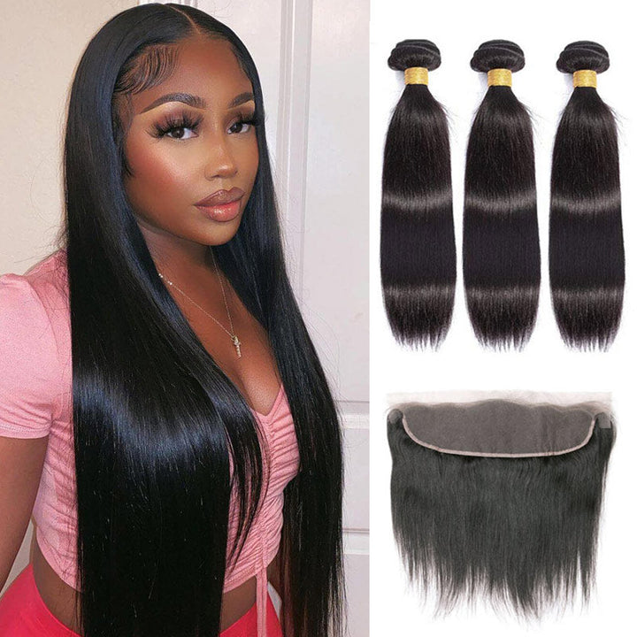 GeetaHair 3 Bundles Brazilian Straight Hair with 13x4 Ear to Ear Lace Frontal