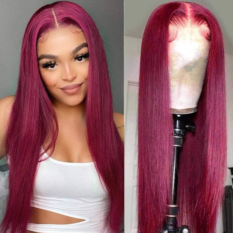 Long Straight Hair 99j Burgundy T Part Lace Front Wig Glueless Pre Plucked With Baby Hair 100% Virgin Human Hair Wig-Geeta Hair