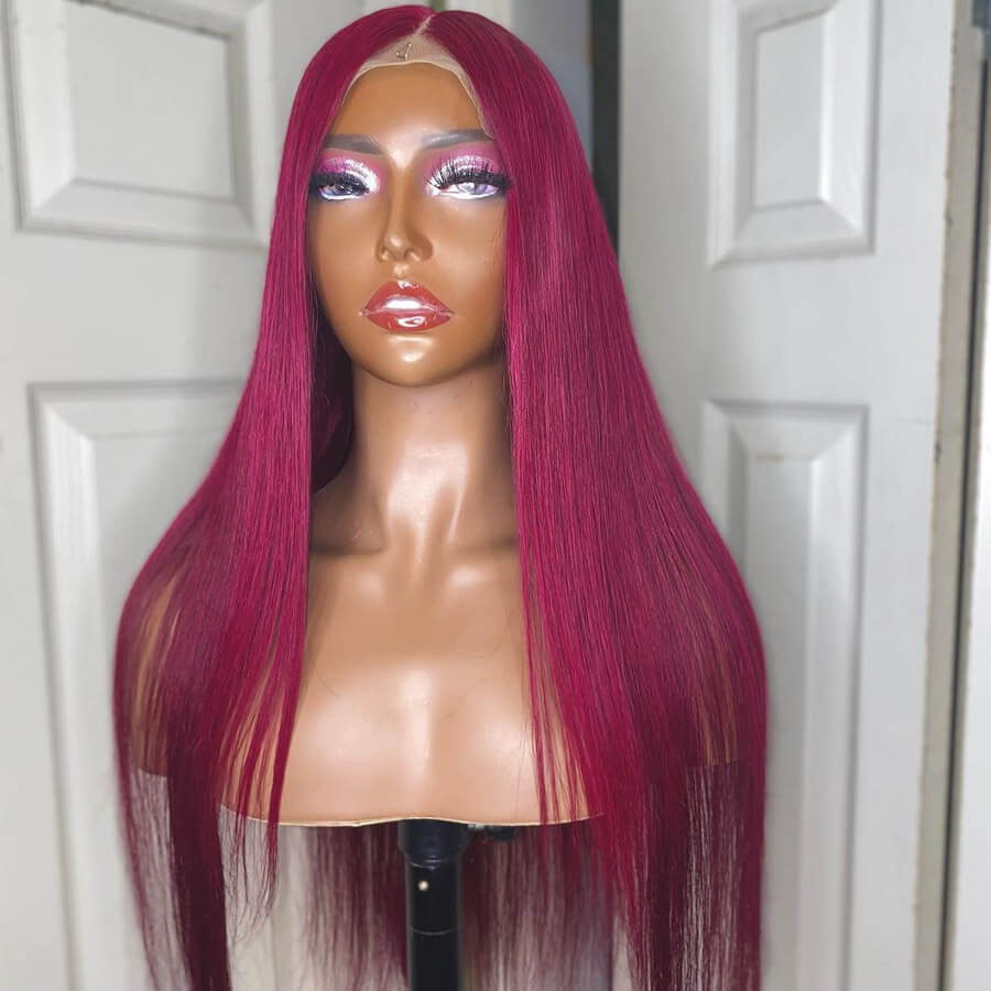 Long Straight Hair 99j Burgundy T Part Lace Front Wig Glueless Pre Plucked With Baby Hair 100% Virgin Human Hair Wig-Geeta Hair