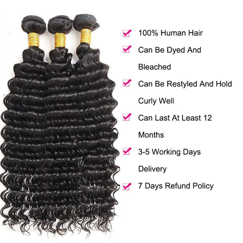 GeetaHair Deep Wave Hair 3 Bundles with 4x4 Lace Closure 100% Human Hair Extension Weaves