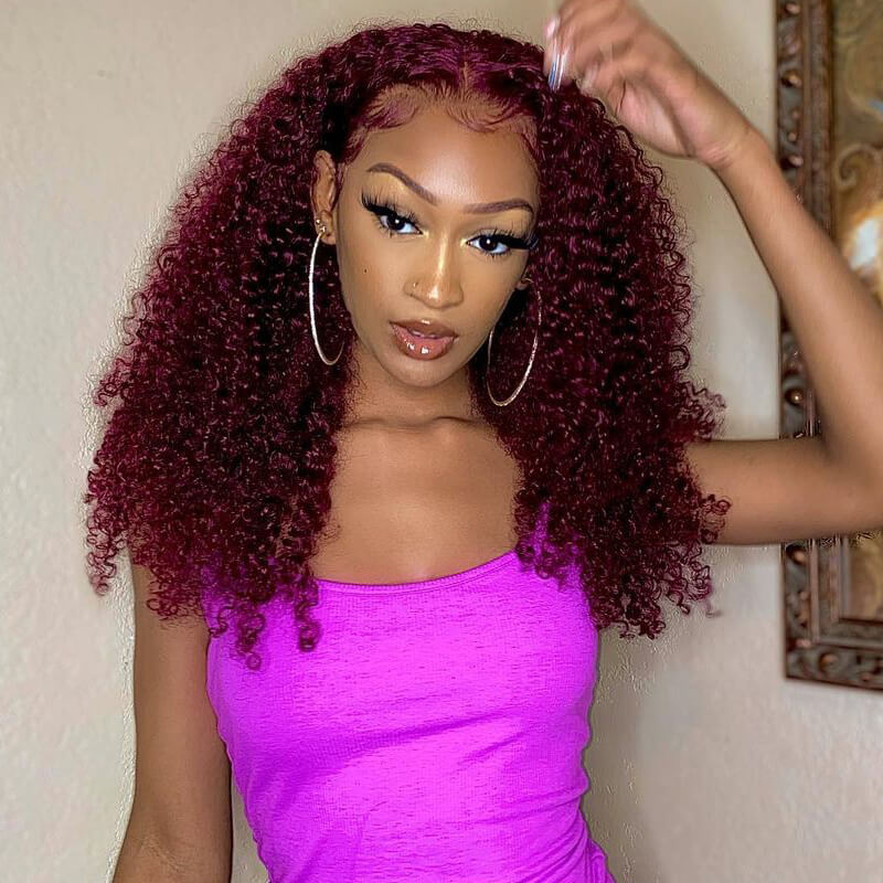 50%+Extra $100 OFF : 99j Burgundy Hair 13x4 HD Lace Kinky Curly Lace Front Wig-Flash Sale, Only 2 Days