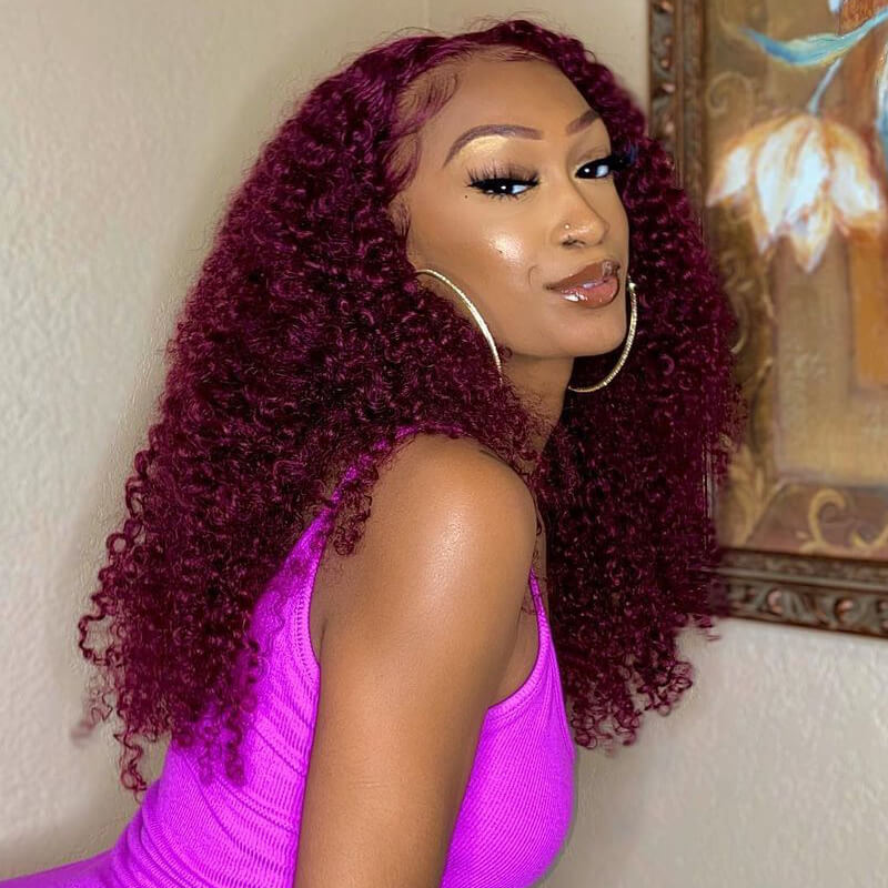 50%+Extra $100 OFF : 99j Burgundy Hair 13x4 HD Lace Kinky Curly Lace Front Wig-Flash Sale, Only 2 Days