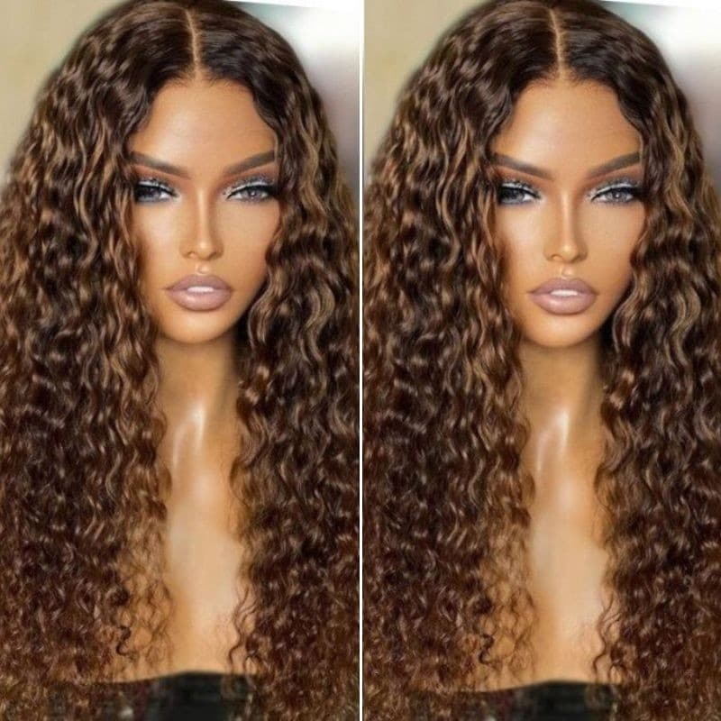Honey Blonde Highlight Spanish Curly HD Lace Front Wig Glueless Curly Human Hair Wigs Highlights Brown Wig
