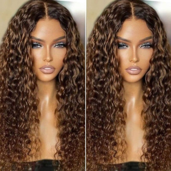 Honey Blonde Highlight Spanish Curly HD Lace Front Wig Glueless Curly Human Hair Wigs Highlights Brown Wig