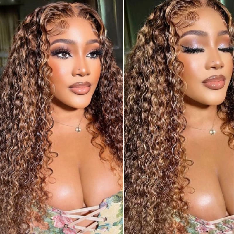 Honey Blonde Highlight Spanish Curly HD Lace Front Wig Glueless Curly Human Hair Wigs Highlights Brown Wig