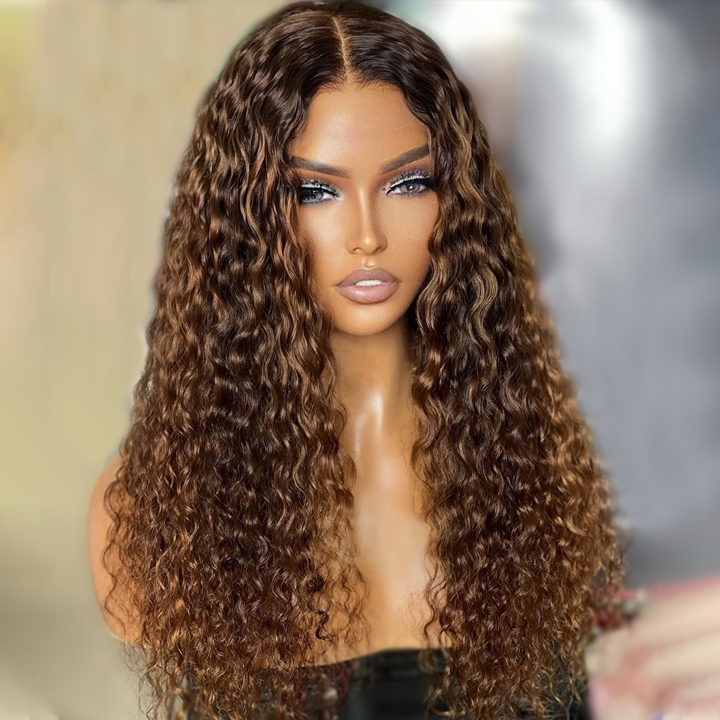Honey Blonde Highlight Spanish Curly HD Lace Front Wig Glueless Curly Human Hair Wigs Highlights Brown Wig