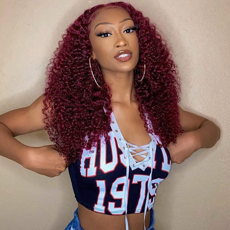 50%+Extra $100 OFF : 99j Burgundy Hair 13x4 HD Lace Kinky Curly Lace Front Wig-Flash Sale, Only 2 Days