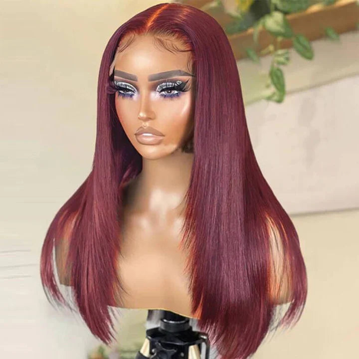 Layered Cut Lace Front Wig 99J Color Straight 13x4 Lace Frontal Wigs 180% Density- Geeta Hair