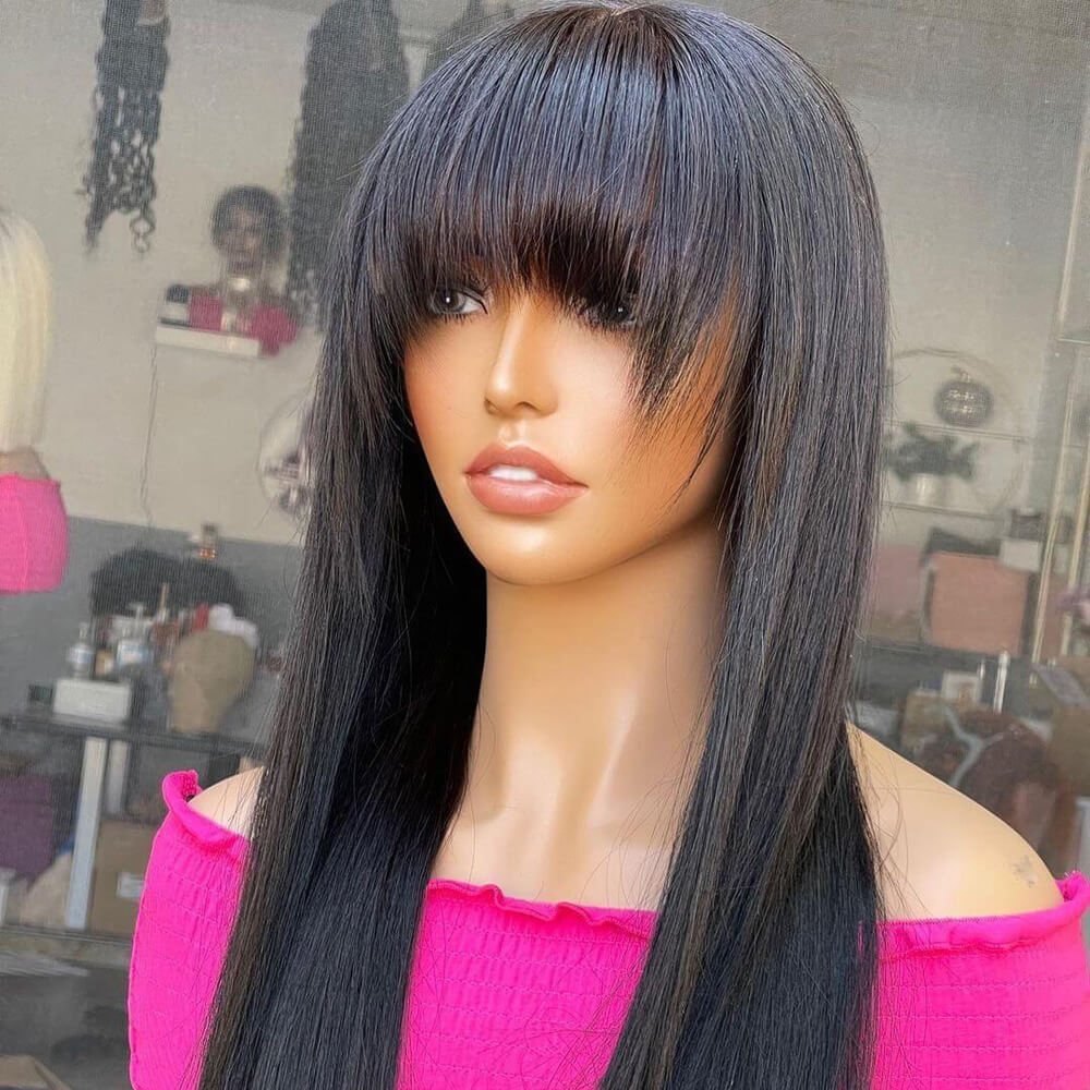 Long Straight Hair With Bangs Real Human Hair Wig Natural Black Hair Wig -Geeta Hair