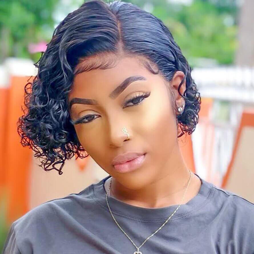 Short Curly Pixie Cut J Part Lace Frontal Wig Pre Plucked Natural Hairline For Women -Geetahair