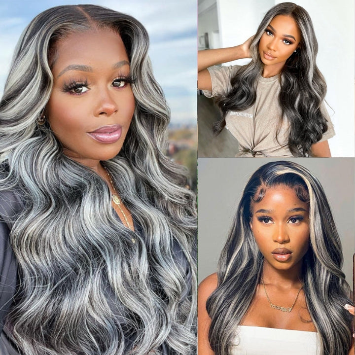 platinum blonde balayage on black hair 4x4/13x4 HD Lace Wig Highlight Body Wave Human Hair Wigs