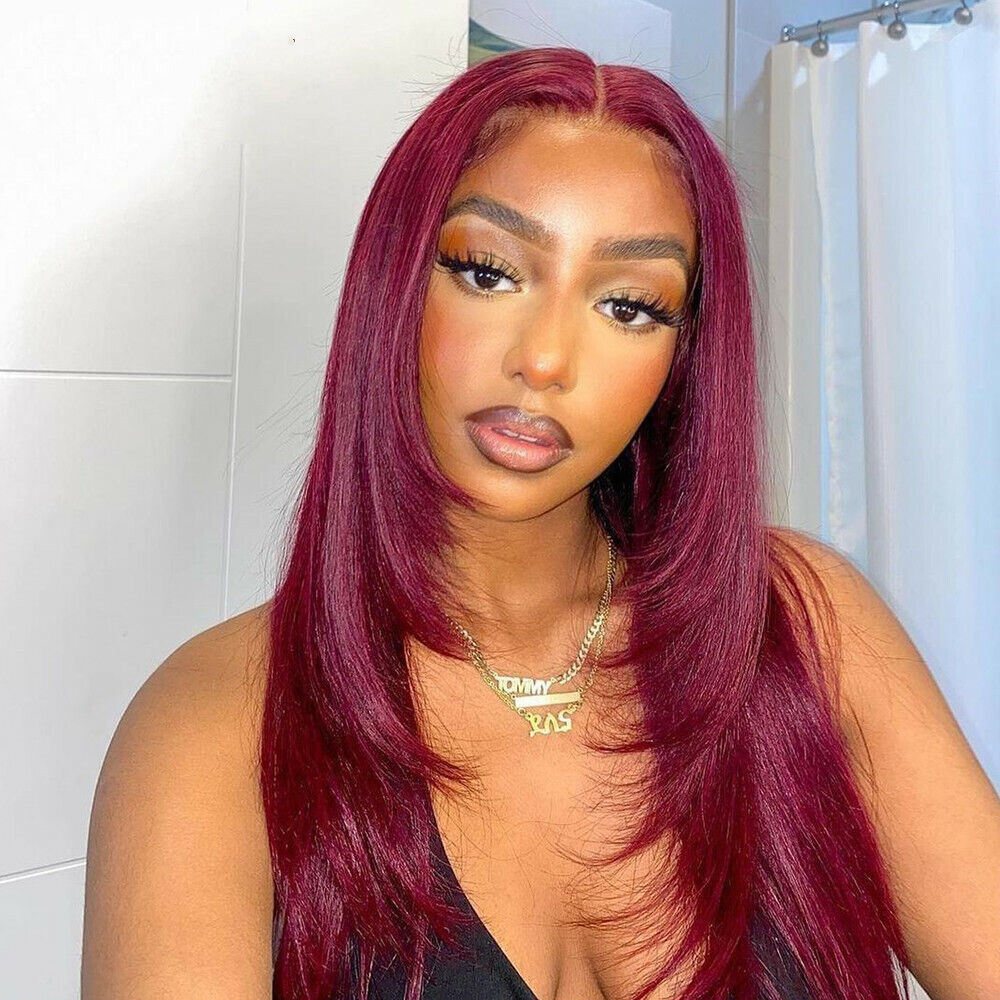 Layered Cut Lace Front Wig 99J Color Straight 13x4 Lace Frontal Wigs 180% Density- Geeta Hair