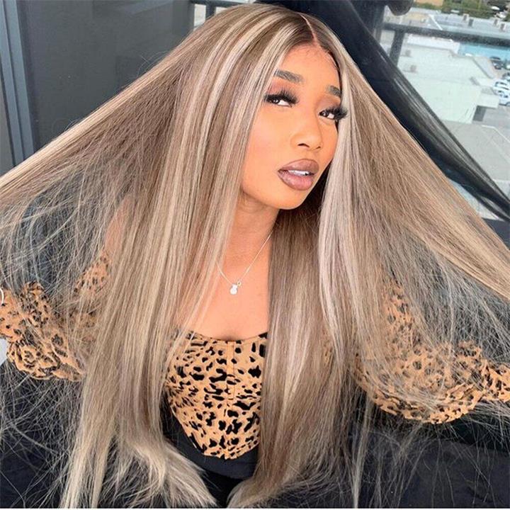 Straight Balayage HD Lace Front Wig Ash Blonde Colored Human Hair Wigs With Highlights
