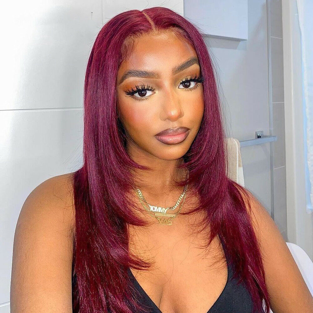 Layered Cut Lace Front Wig 99J Color Straight 13x4 Lace Frontal Wigs 180% Density- Geeta Hair