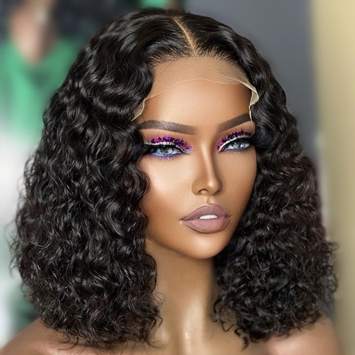 Spanish Curly Bob Wig 5x5 HD Lace Closure Wig 12"-18" Human Hair Bob Wigs Black Color - Geeta-hair