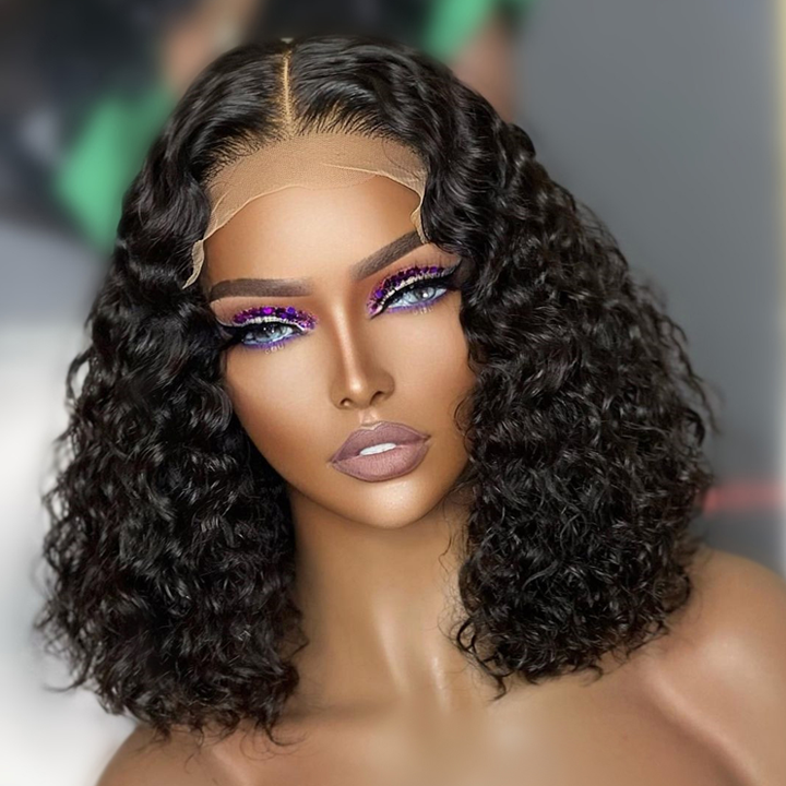 Spanish Curly Bob Wig 5x5 HD Lace Closure Wig 12"-18" Human Hair Bob Wigs Black Color - Geeta-hair